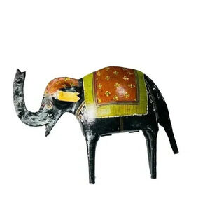 Hand Painted Indian Folk Art Metal Elephant Statue - Trunk Up for Good Luck